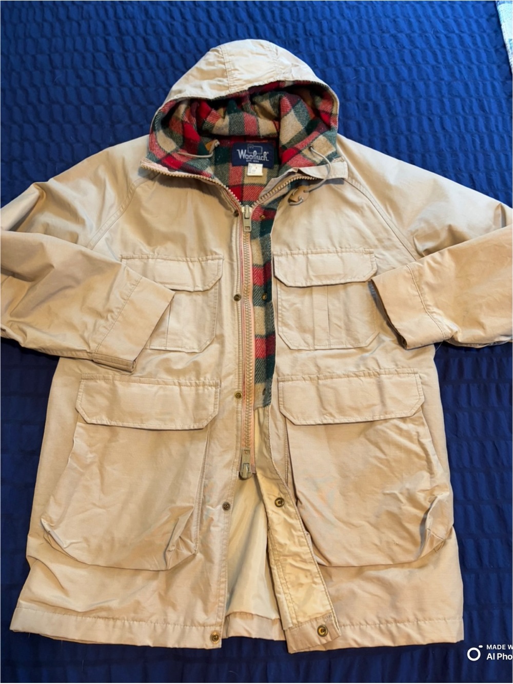 Vintage- Woolrich Men's Hooded Field Jacket - Khaki with Plaid Lining